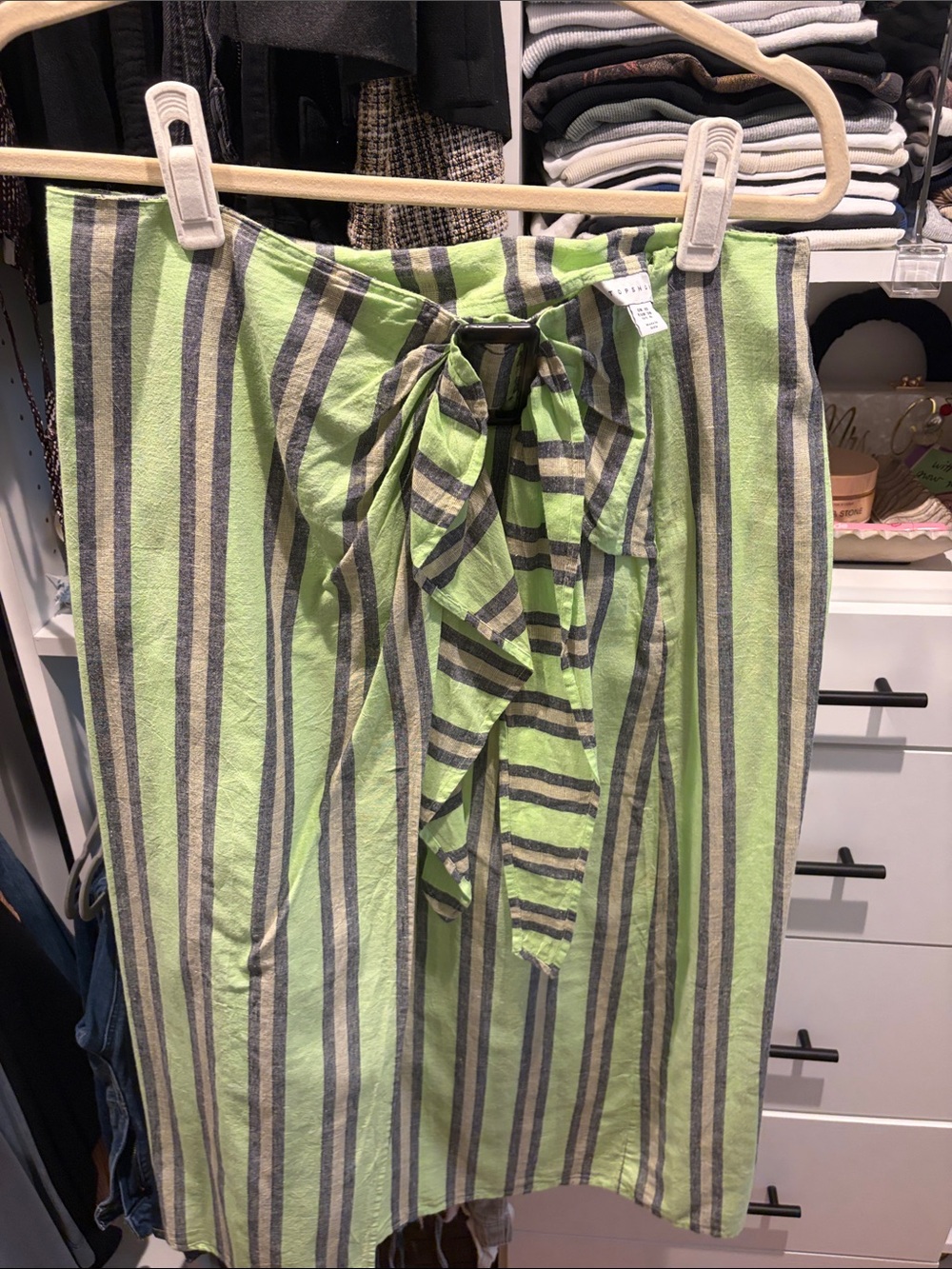 Topshop Lime Green and Gray Striped Tie-Front Midi Skirt
